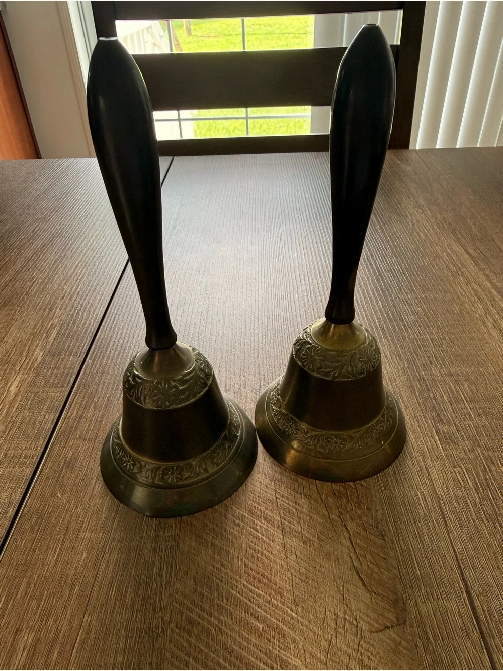 Antique-Style Brass Hand Bells — Pair in Dark Brass Finish